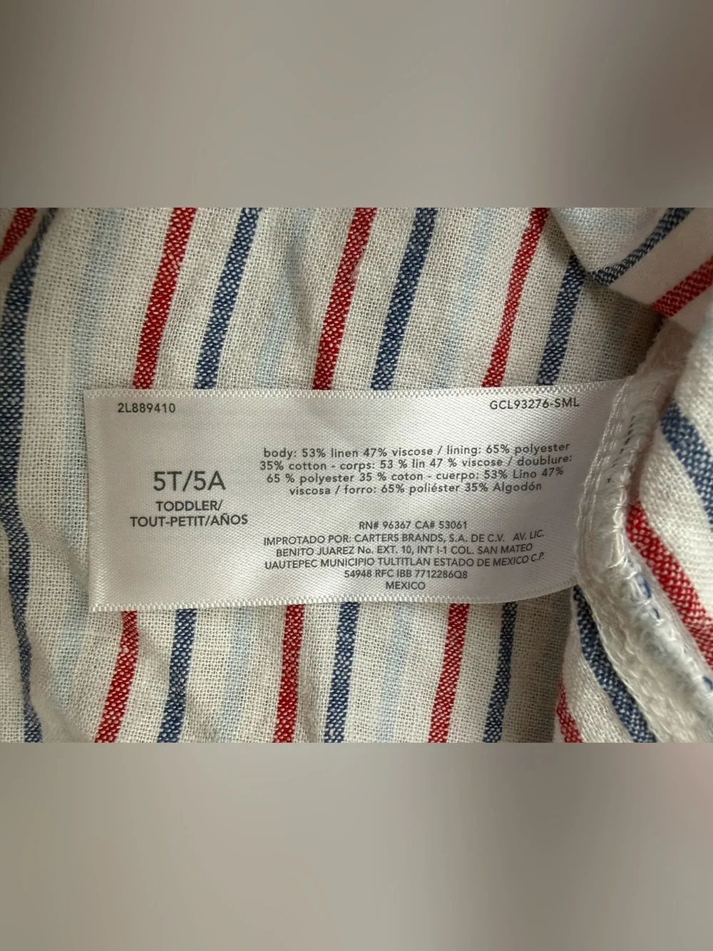 OshKosh B’gosh Girls 5T Striped Linen Blend Button Front Dress